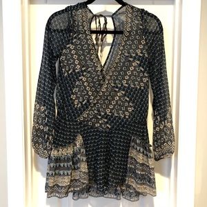 Free People Blue Sheer Long Sleeve Ruffle Blouse